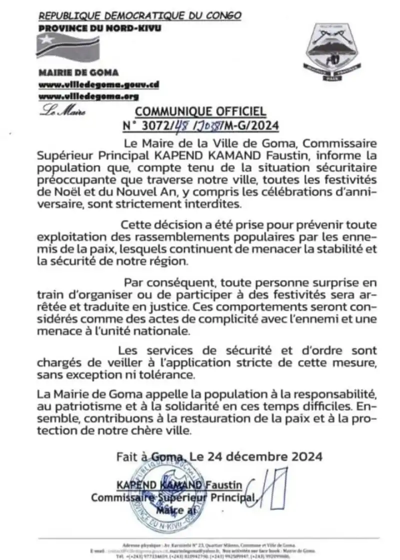 Image En cette période de fin d'année, le maire de la ville de Goma interdit tout rassemblement festif sous peine d'être accusé de complicité avec les ennemis de la République. Une confiscation de liberté ou une mesure de sécurité ?