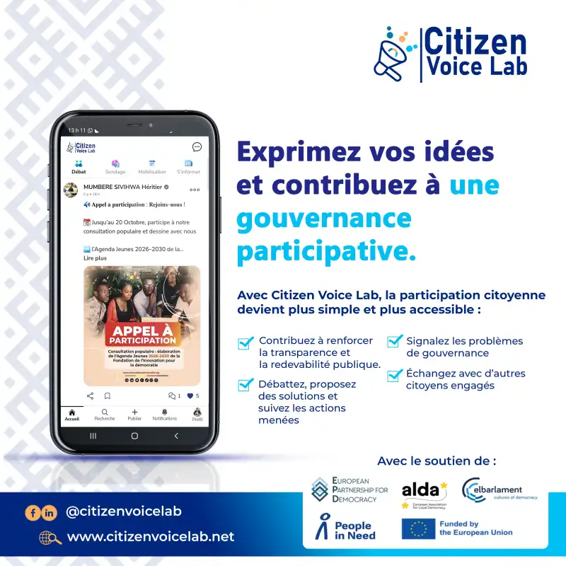 Image Avec Citizen Voice Lab, la participation citoyenne devient plus simple et plus accessible :


✅ Signalez les problèmes de gouvernance ou de services publics dans votre communauté
✅ Débattez, proposez des solutions et suivez les actions menées
✅ Échangez avec d’autres citoyens engagés
✅ Contribuez à renforcer la transparence et la redevabilité publique.