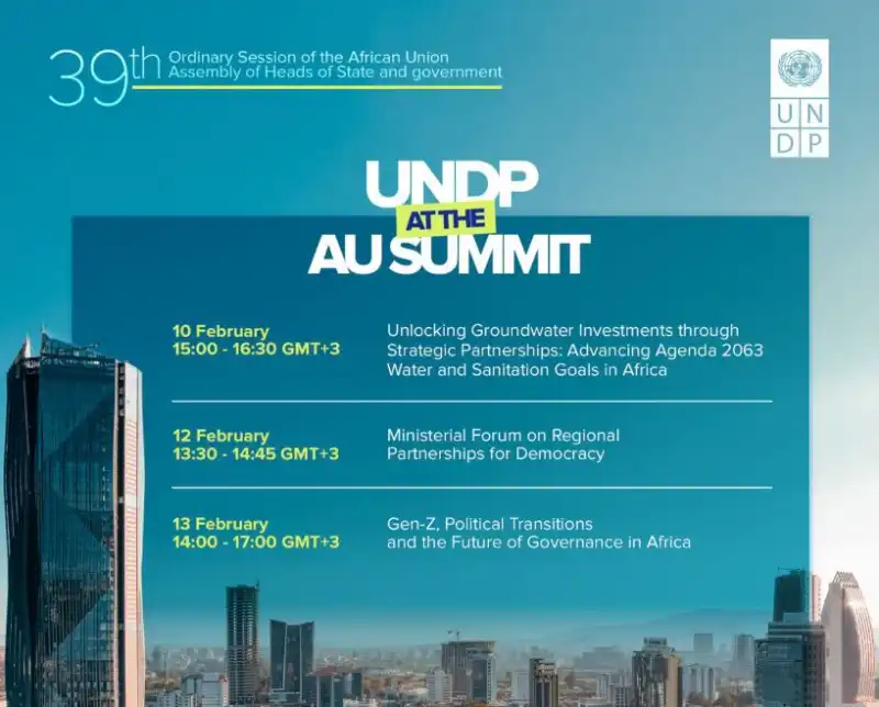 Image 📢 Rejoignez nos événements parallèles en marge du African Union Summit :

💧 Déverrouiller les investissements en eaux souterraines grâce à des partenariats stratégiques, avec un accent sur la coordination régionale, les pipelines d’investissement et la livraison au niveau des pays dans la Corne de l’Afrique.
🗳️ Forum ministériel sur les partenariats régionaux pour la démocratie, réunissant des dirigeants africains pour échanger sur la gouvernance démocratique et les transitions politiques.
💬 Gen-Z, Transitions politiques et l’avenir de la gouvernance en Afrique, valorisant les perspectives des jeunes et le dialogue intergénérationnel sur la gouvernance et la consolidation de la paix.

🔴 🔗 Programme complet et inscription : https://www.undp.org/africa/events/undp-africa-ausummit-2026

#AUSummit