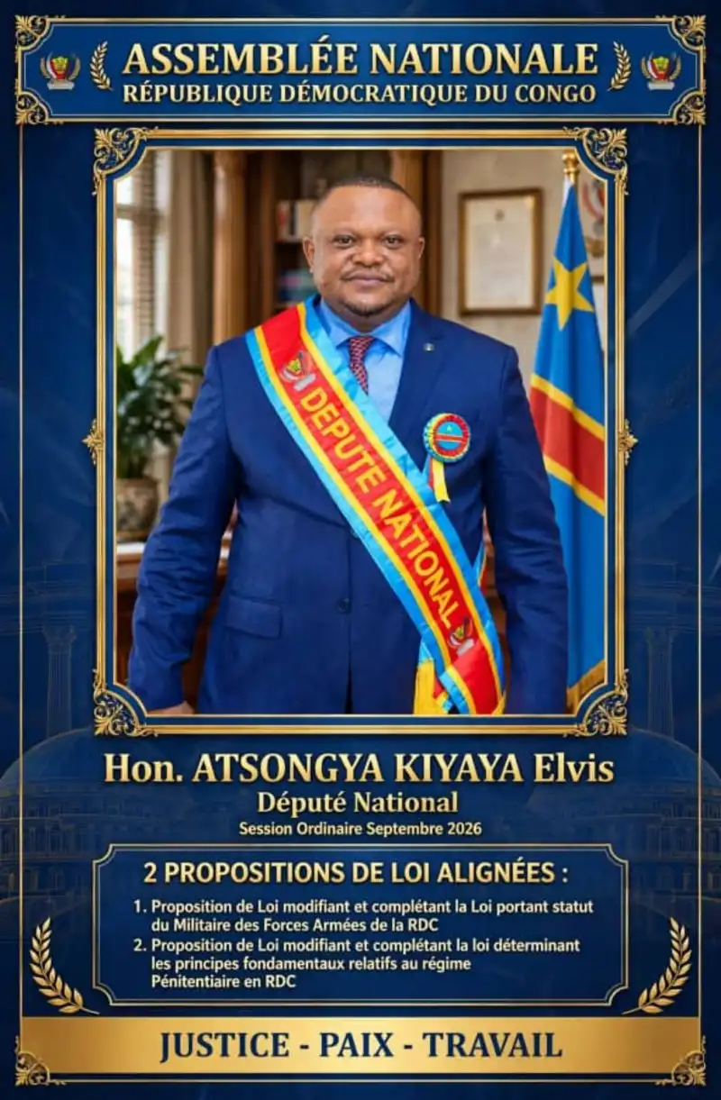 Image 📢 COMMUNIQUÉ DE LA CELLULE DE COMMUNICATION DE L’HONORABLE ATSONGYA KIYAYA ELVIS

À la population de Beni en particulier et à toute la nation congolaise en général

Dans le cadre de la session ordinaire de septembre 2026, l’Honorable ATSONGYA KIYAYA ELVIS, Député national élu de Beni, poursuit son engagement parlementaire à travers des initiatives législatives touchant à des secteurs importants de la vie nationale.

À ce titre, deux propositions de loi portées dans le cadre de son action parlementaire sont mises en avant :

1. La proposition de loi modifiant et complétant la loi portant statut du militaire des Forces armées de la République démocratique du Congo (FARDC) ;


2. La proposition de loi modifiant et complétant la loi déterminant les principes fondamentaux relatifs au régime pénitentiaire en République démocratique du Congo.



À travers ces initiatives, l’Honorable Atsongya Kiyaya Elvis entend contribuer, dans le cadre de son mandat parlementaire, aux réflexions nationales relatives à l’organisation des institutions, à la protection des droits et à l’amélioration du cadre légal régissant les secteurs concernés.

La Cellule de communication réaffirme que l’action de l’Honorable Député s’inscrit dans une démarche de service public, de défense des intérêts de la population et de contribution au développement de la République démocratique du Congo.

La Cellule de communication remercie particulièrement la population de Beni pour son accompagnement et son intérêt constant à l’égard du travail de son élu, tout en appelant à une appropriation citoyenne des initiatives parlementaires qui concernent l’avenir de notre pays.

Je fais ma part 

Cellule de communication de l’Honorable Atsongya Kiyaya Elvis
Député national élu de Beni